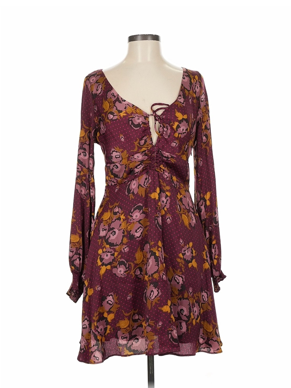 Free People Plum Floral Tie-Front Long Sleeve Dress